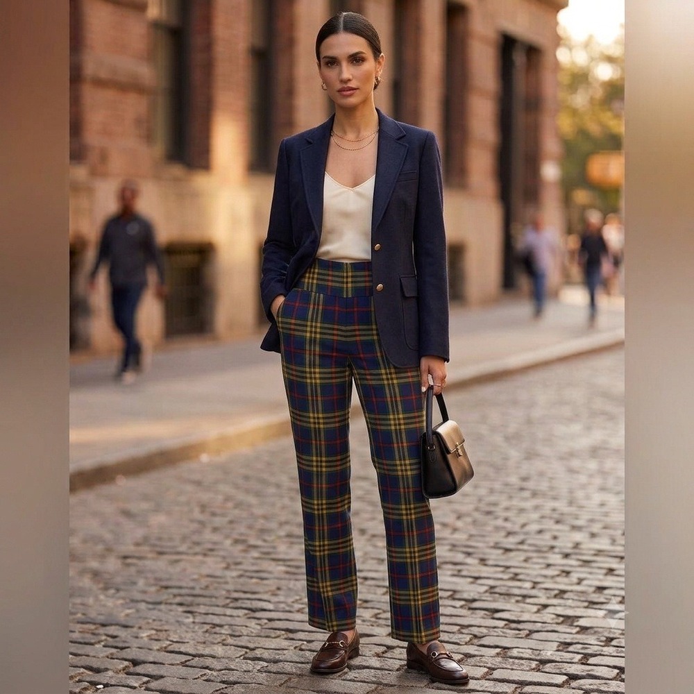 J.McLaughlin‎ Masie Pant Trousers Plaid Blue Yellow Red Stretch Pull On XS